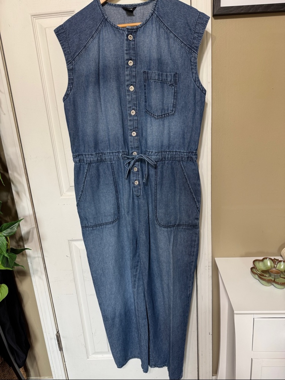Jordache Sleeveless Denim Jumpsuit Dark Enzyme Blue Chambray Large